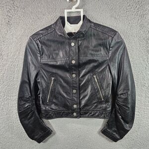 BCBGMAXAZRIA Black Leather Moto Jacket Cropped Racer Style Womens XS